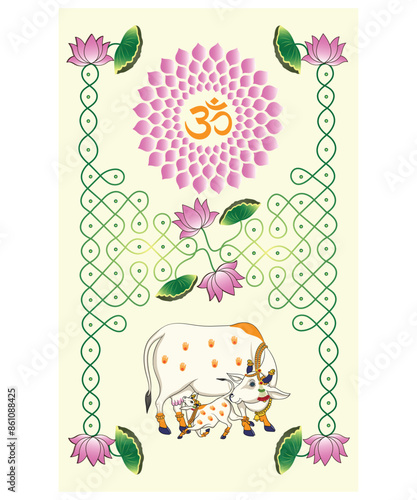 Kamdhenu and om with beautiful mandala and lotus flowers