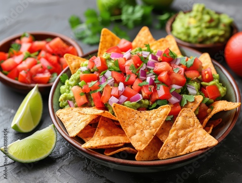 Vector art of a bowl of guacamole with tortilla chips and a variety of toppings. 