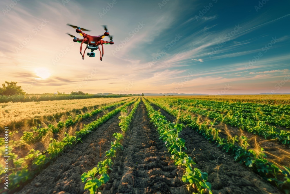 A high-tech agricultural field where sensors and drones collect data for precision farming practices A high-tech agricultural field where sensors and drones collect data for precision farming practices