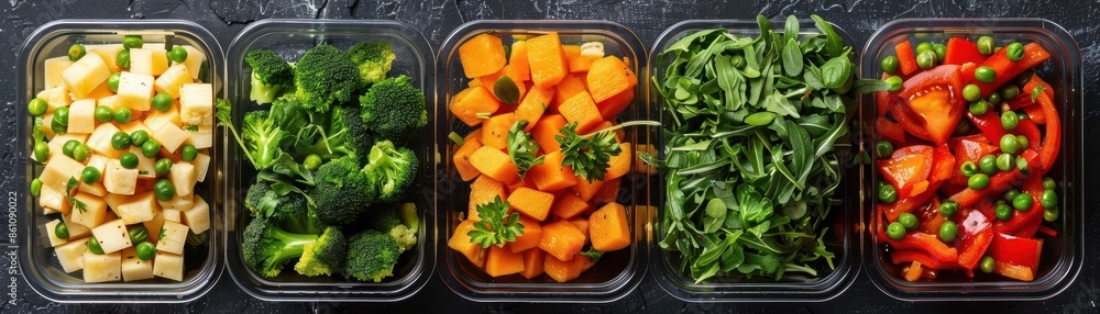 Top view of colorful food containers with various fresh vegetables like bell peppers, broccoli, butternut squash, and greens on a dark background. Top view of colorful food containers with various fresh vegetables like bell peppers, broccoli, butternut squash, and greens on a dark background.