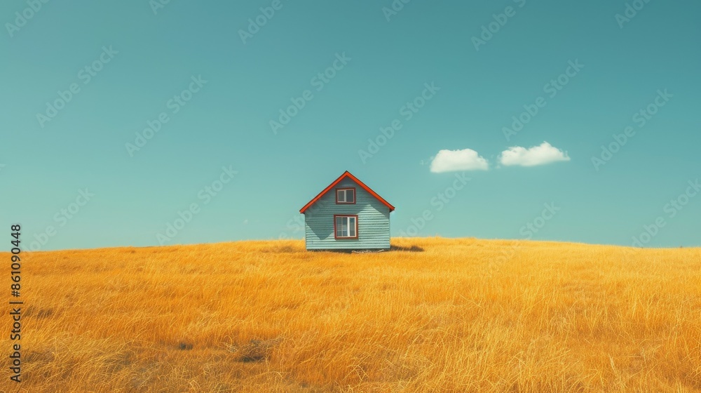 Charming Tiny House in Vast Yellow Grass Field under Clear Blue Sky: Serene and Welcoming Daylight Scene Charming Tiny House in Vast Yellow Grass Field under Clear Blue Sky: Serene and Welcoming Daylight Scene