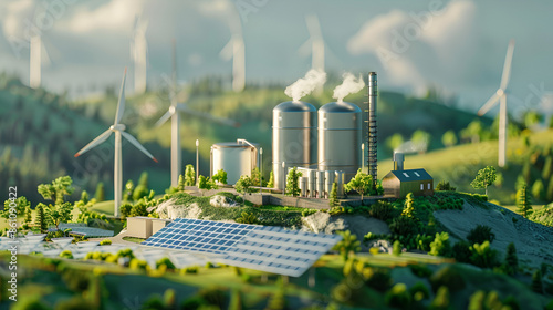 green hydrogen production facility with solar panels and wind turbines generating clean electricity. Concept Renewable Energy, Green Hydrogen, Solar Power, Wind Turbines, Sustainable