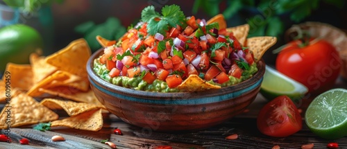 Vector art of a bowl of guacamole with tortilla chips and a variety of toppings. 