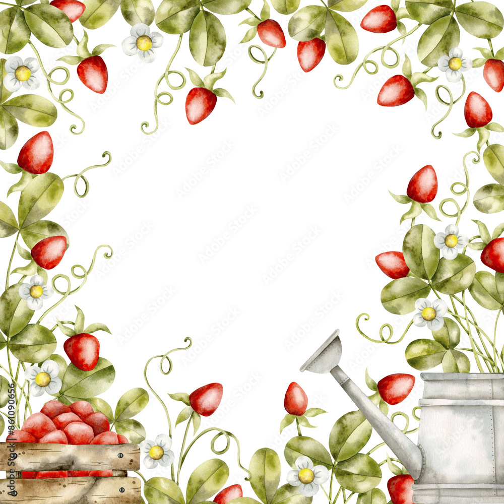 Hand-drawn, watercolor frame with strawberry bushes, wooden box of strawberries and watering can. Harvesting strawberries. Cartoon berries illustration, in kids style Hand-drawn, watercolor frame with strawberry bushes, wooden box of strawberries and watering can. Harvesting strawberries. Cartoon berries illustration, in kids style