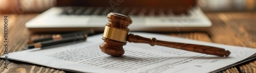 Wooden gavel on legal document with a laptop in the background. Symbolizing law, justice, and legal proceedings. Close-up shot on a wooden table. photo