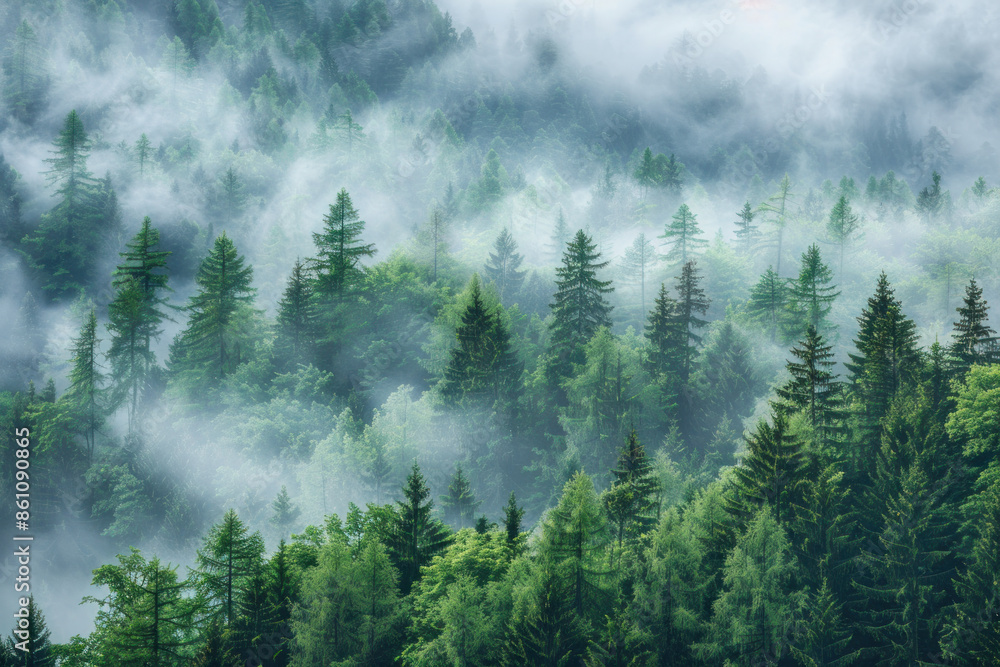 Foggy Forest Landscape with Evergreen Trees Foggy Forest Landscape with Evergreen Trees