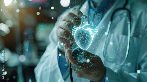 Doctor Examining Digital Heart Hologram