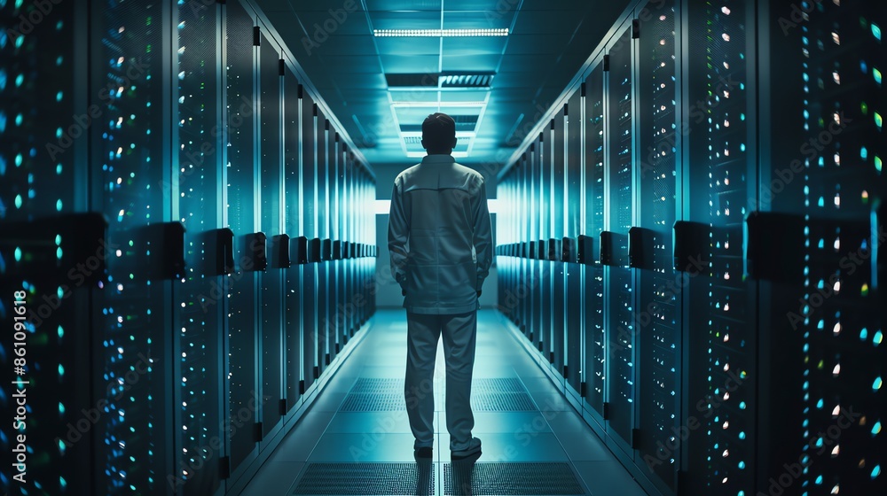 A tech professional servicing, maintenance, of server in  a data center, rack server, security, networking, server room, security, website,  monitoring