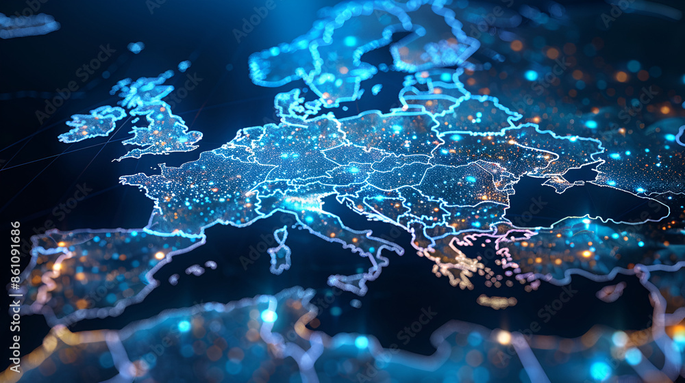Abstract map of Western Europe, concept of European global network and connectivity, data transfer and cyber technology, information exchange and telecommunicatioS Abstract map of Western Europe, concept of European global network and connectivity, data transfer and cyber technology, information exchange and telecommunicatioS