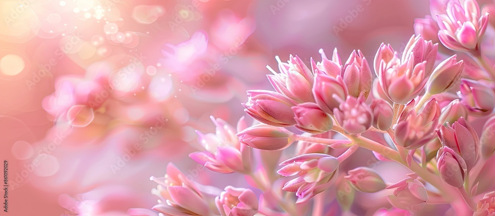 Sedum maximum, macro photography of the flowering plant with pink petals pastel background. Copy space image. Place for adding text and design Sedum maximum, macro photography of the flowering plant with pink petals pastel background. Copy space image. Place for adding text and design