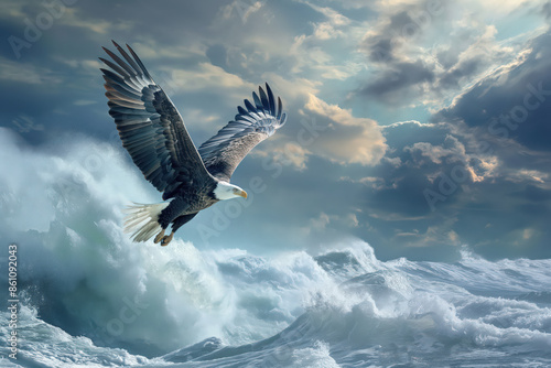 Majestic bald eagle soaring over stormy ocean waves