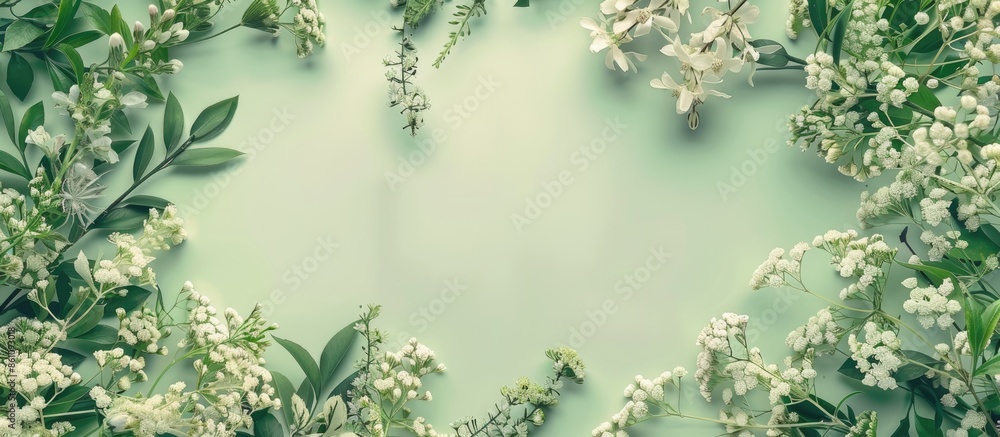 green and white Faked flowers in top view pastel background. Copy space image. Place for adding text and design green and white Faked flowers in top view pastel background. Copy space image. Place for adding text and design