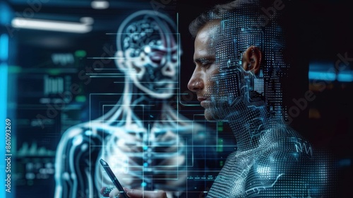 Wallpaper Mural A futuristic figure with a digital overlay reads a tablet, while a human stands behind, symbolizing the fusion of human and AI.
 Torontodigital.ca