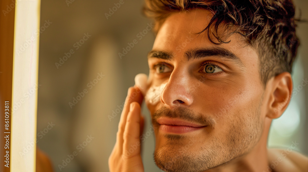 Obraz premium 男性のスキンケアルーティン：フェイスクリームの塗布、メンズ美容