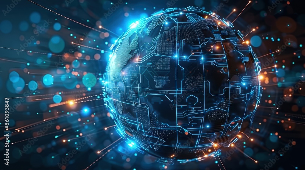 Obraz premium A spherical digital planet with illuminated circuits and machinery, orbiting in a dark, starry space environment. 