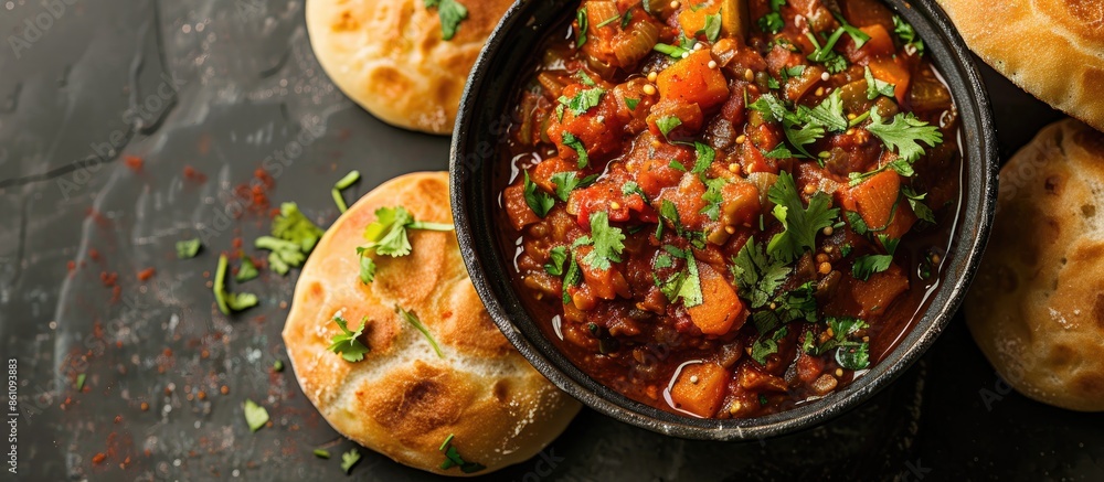 Indian Mumbai food Pav bhaji from vegetables with bread close-up in a bowl on the table. horizontal top view from above. Copy space image. Place for adding text or design Indian Mumbai food Pav bhaji from vegetables with bread close-up in a bowl on the table. horizontal top view from above. Copy space image. Place for adding text or design