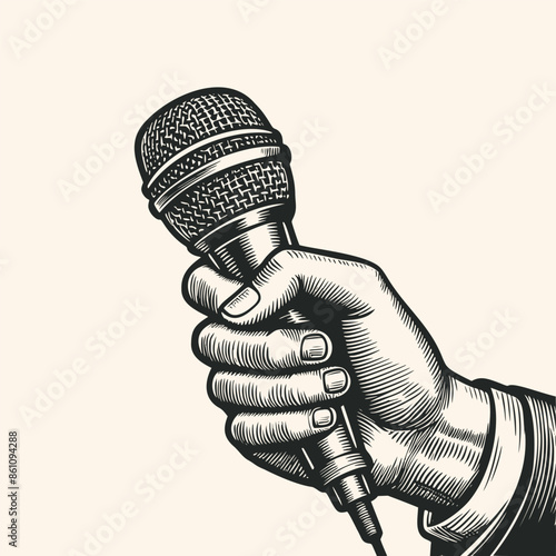 Vintage engraving isolated hand holding microphone  ink sketch. hand holding mic illustration