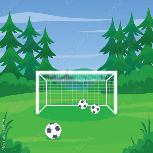 Football field in the forest with goal and a balls. Vector illustration.