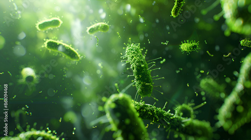 close up of 3d microscopic green bacteria. Banner concept with green viruses under a microscope. Macroscopic observation of organisms bacteria under laboratory microscope