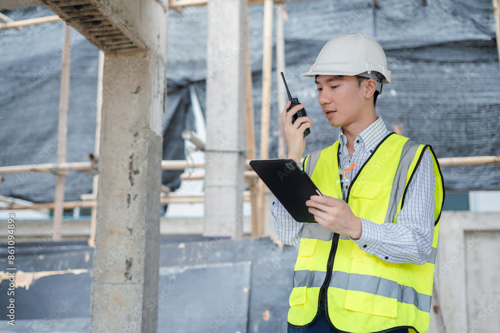 architect on construction site inspection documents and business workflow in the morning. architect on construction site inspection documents and business workflow in the morning.