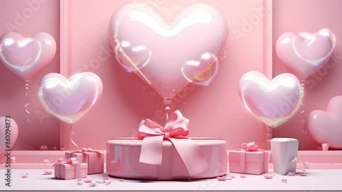 Romantic pink podium set with heart balloons and gifts for valentine's day celebration