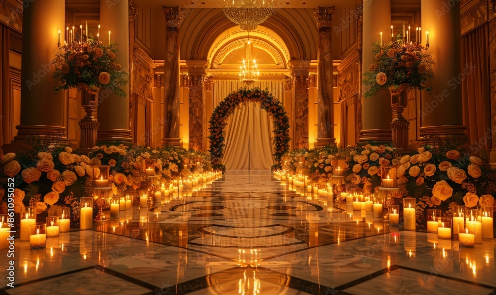 Obraz premium Romantic candlelit wedding aisle leading to an elegant archway