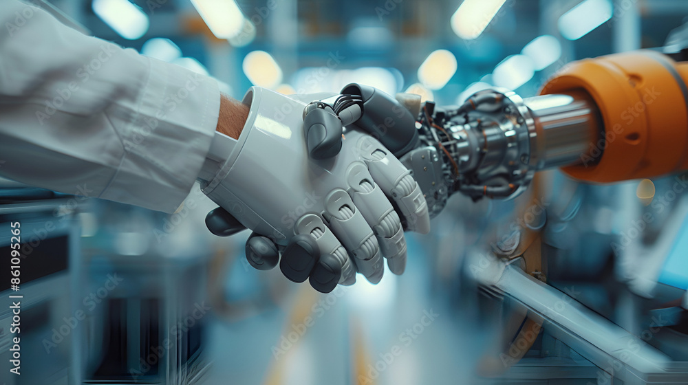 Handshake between human and robot in a research lab, working together ...