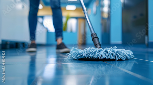 Maintaining Cleanliness and Professionalism Person Mopping the Floor in an Office. Concept Office Cleaning, Professional Maintenance, Janitorial Service, Business Hygiene, Mopping Techn