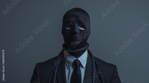 Portrait, business man and spy with mask in studio isolated on gray background. Fake face, suit, There's a rope at the head.