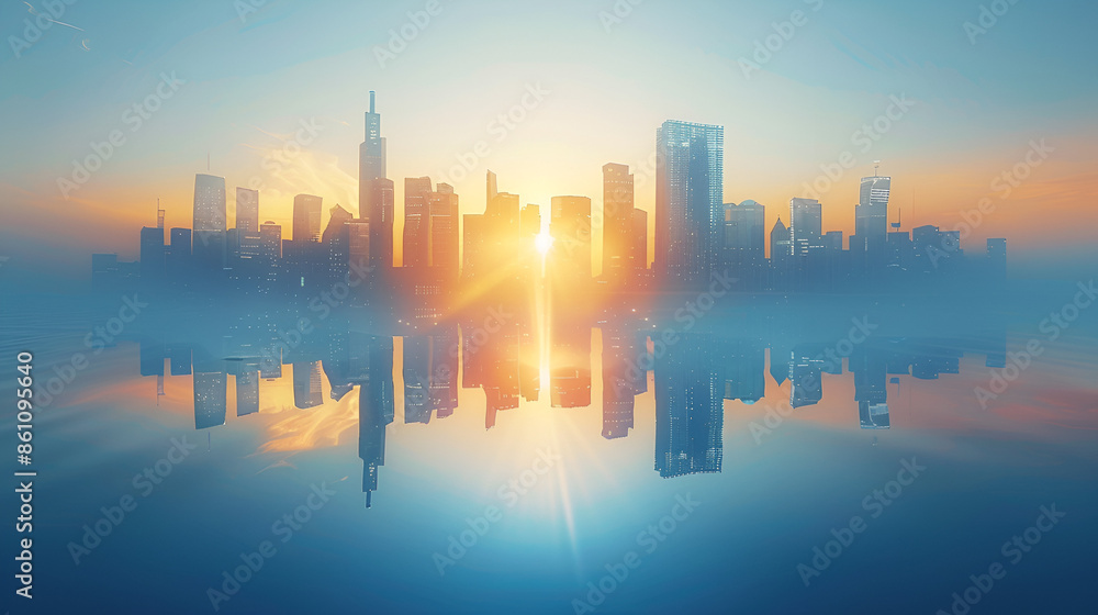 Fototapeta premium Picture of modern skyscrapers of a smart city, futuristic financial district with buildings and reflections , blue color background for corporate and business template with warm sun rays