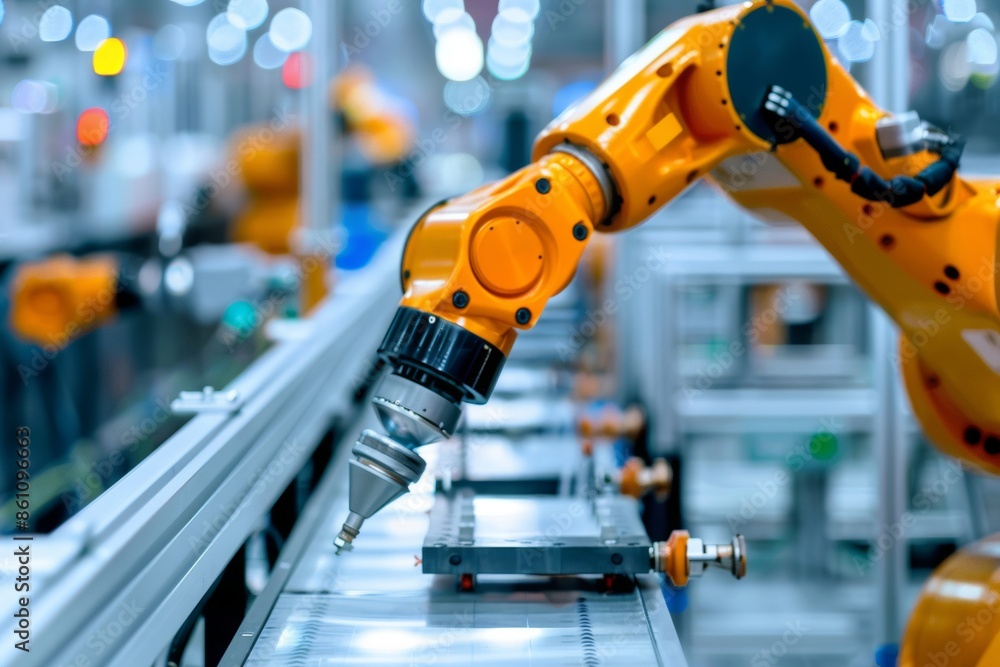 An automated robotic arm in a modern manufacturing plant, performing tasks with precision and efficiency, surrounded by industrial equipment and machinery An automated robotic arm in a modern manufacturing plant, performing tasks with precision and efficiency, surrounded by industrial equipment and machinery