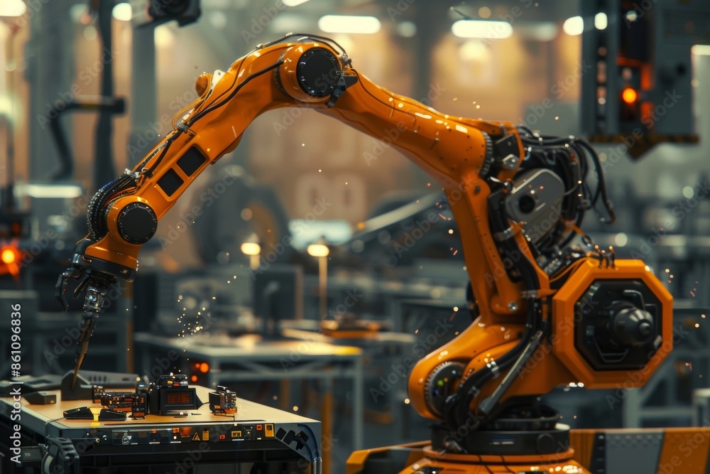 An automated robotic arm in a modern manufacturing plant, performing tasks with precision and efficiency, surrounded by industrial equipment and machinery An automated robotic arm in a modern manufacturing plant, performing tasks with precision and efficiency, surrounded by industrial equipment and machinery