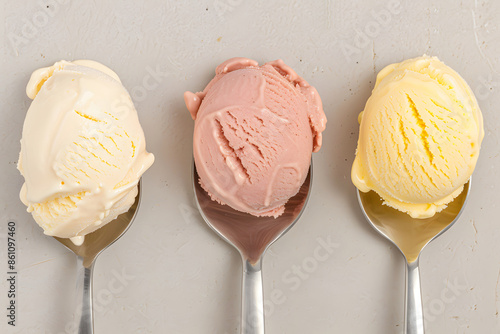Three scoops of ice cream in vanilla, strawberry, and lemon flavors served on spoons, arranged side by side against a neutral background.