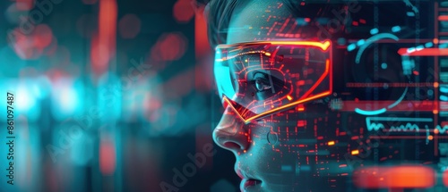 A close-up of a person wearing futuristic augmented reality glasses, displaying digital data overlays in a neon-lit environment. photo