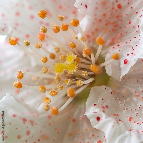 Detailed Close-up of Peach Blossom Petal with Red and Yellow Dots