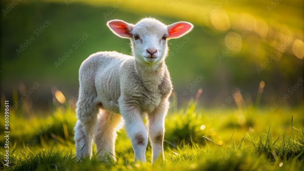 Adorable young lamb with fluffy white coat and curious expression grazes peacefully in a lush green meadow landscape. Adorable young lamb with fluffy white coat and curious expression grazes peacefully in a lush green meadow landscape.