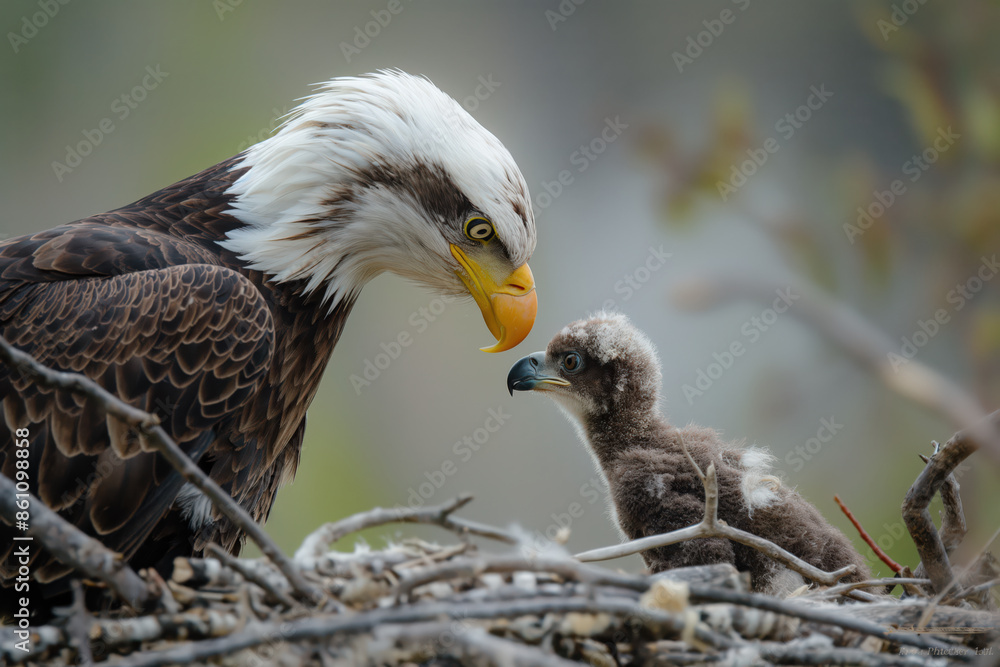 Fototapeta premium Adult bald eagle caring for its young chick in nest