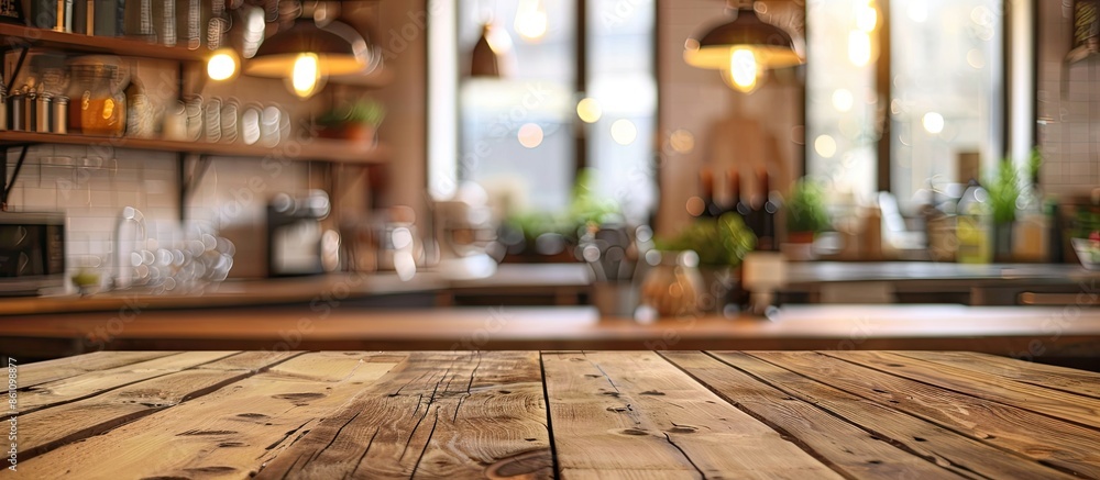 Empty wooden table and blurred kitchen background for display or montage your products. Copy space image. Place for adding text and design Empty wooden table and blurred kitchen background for display or montage your products. Copy space image. Place for adding text and design