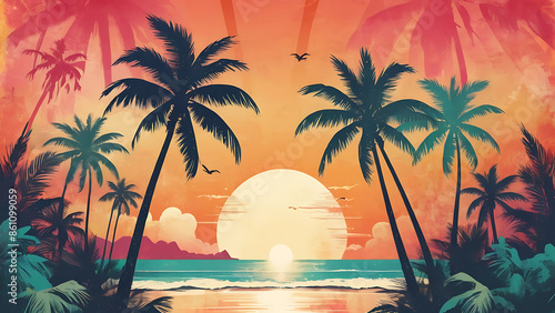Artistic summer collage with palm trees and beach scenery in sunset hues blending vintage charm with vibrant tropical colors and textures