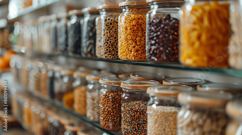 Glass jars for beans, pasta and cereals on shelves, organization and storage in the kitchen..