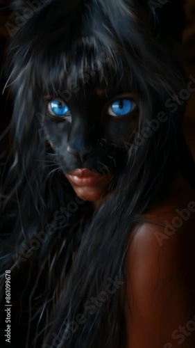 A mesmerizing hybrid girl, her iridescent blue eyes reflecting secrets of ancient magic. Her lineage intertwines with the elusive grace of a black panther, fierce yet enigmatic photo