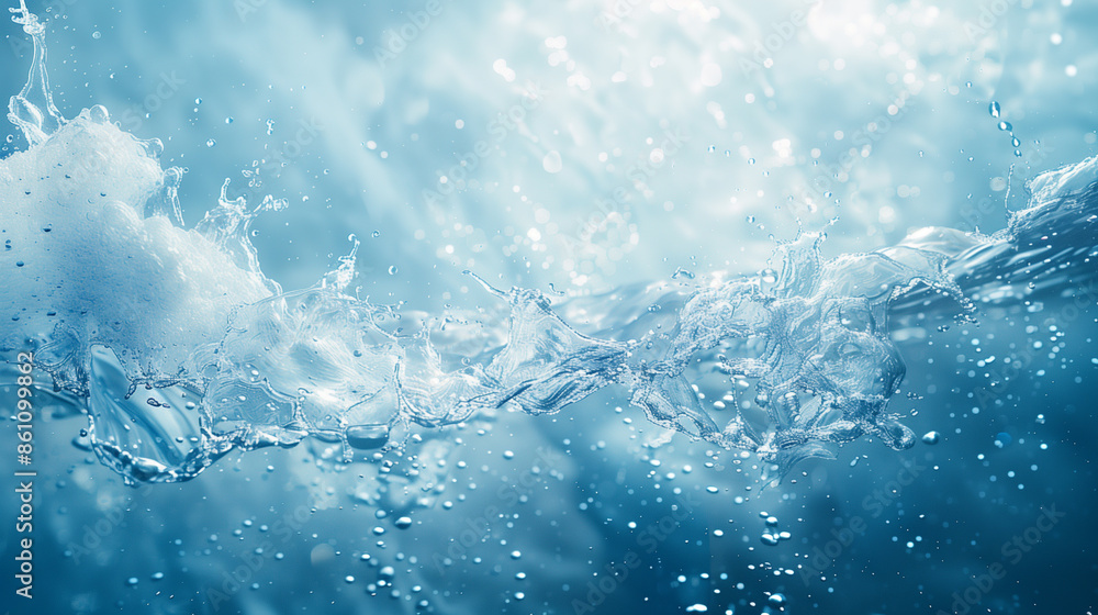 Transparent blue texture of clear water surface with splashes and waves, top view. Transparent blue texture of clear water surface with splashes and waves, top view.