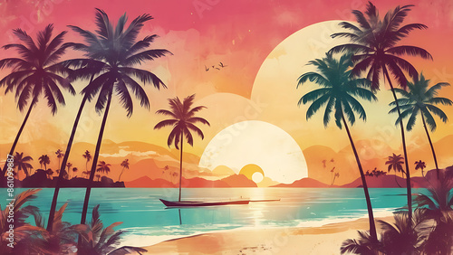 Artistic summer collage with palm trees and beach scenery in sunset hues blending vintage charm with vibrant tropical colors and textures