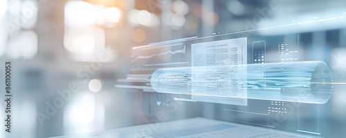 In a minimalist setting, a holographic display showcases overdue bills and a bankruptcy form, casting a stark light on financial difficulties. The image includes significant copy space to allow for