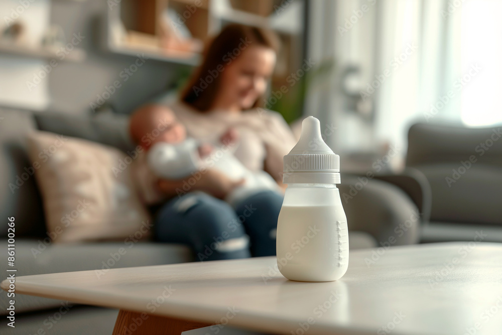 Baby feeding bottle with milk on a table in a bright room, in the background, out of focus, a mother holds a newborn in her arms while sitting on the sofa Baby feeding bottle with milk on a table in a bright room, in the background, out of focus, a mother holds a newborn in her arms while sitting on the sofa