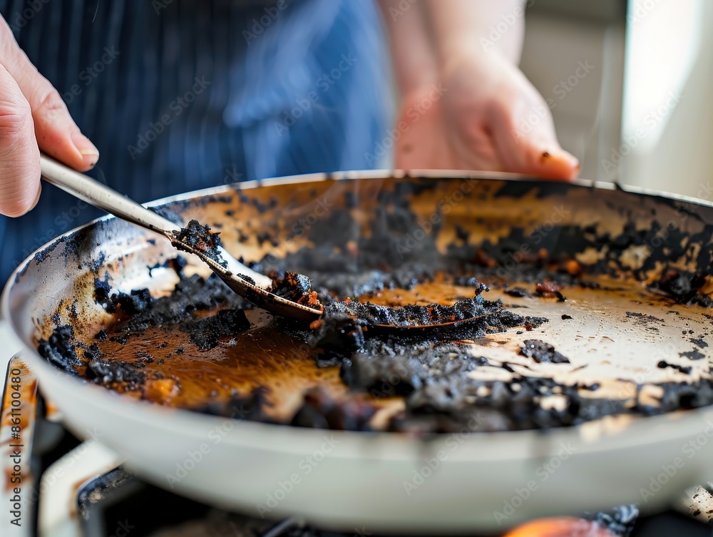 Fototapeta premium Culinary Frustration - Person Scrubbing Burnt Food Off Pan with Disappointment and Frustration