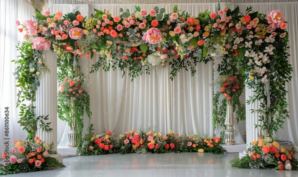 Beautifully decorated wedding altar adorned with flowers and greenery Beautifully decorated wedding altar adorned with flowers and greenery
