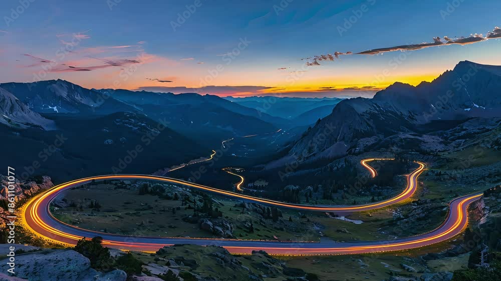 Serpentine road through mountains with vibrant vehicle light trails and ...