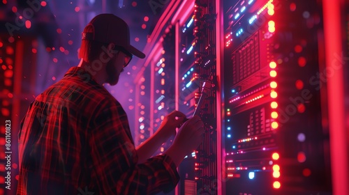 photo illustration of A tech professional servicing a data center rack, server room, security, networking, server room, security, minning crypto. 2:1 