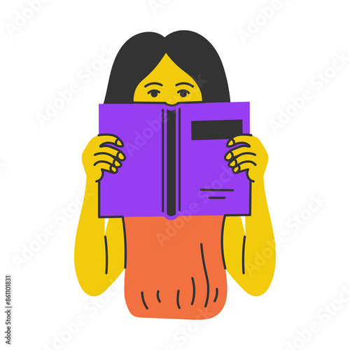 Young Woman Reading Book and Hiding behind it. Girl posing with novel. Reader Literature Fan Library Bookstore Exchange Crossing concept. Flat design. Vector illustration